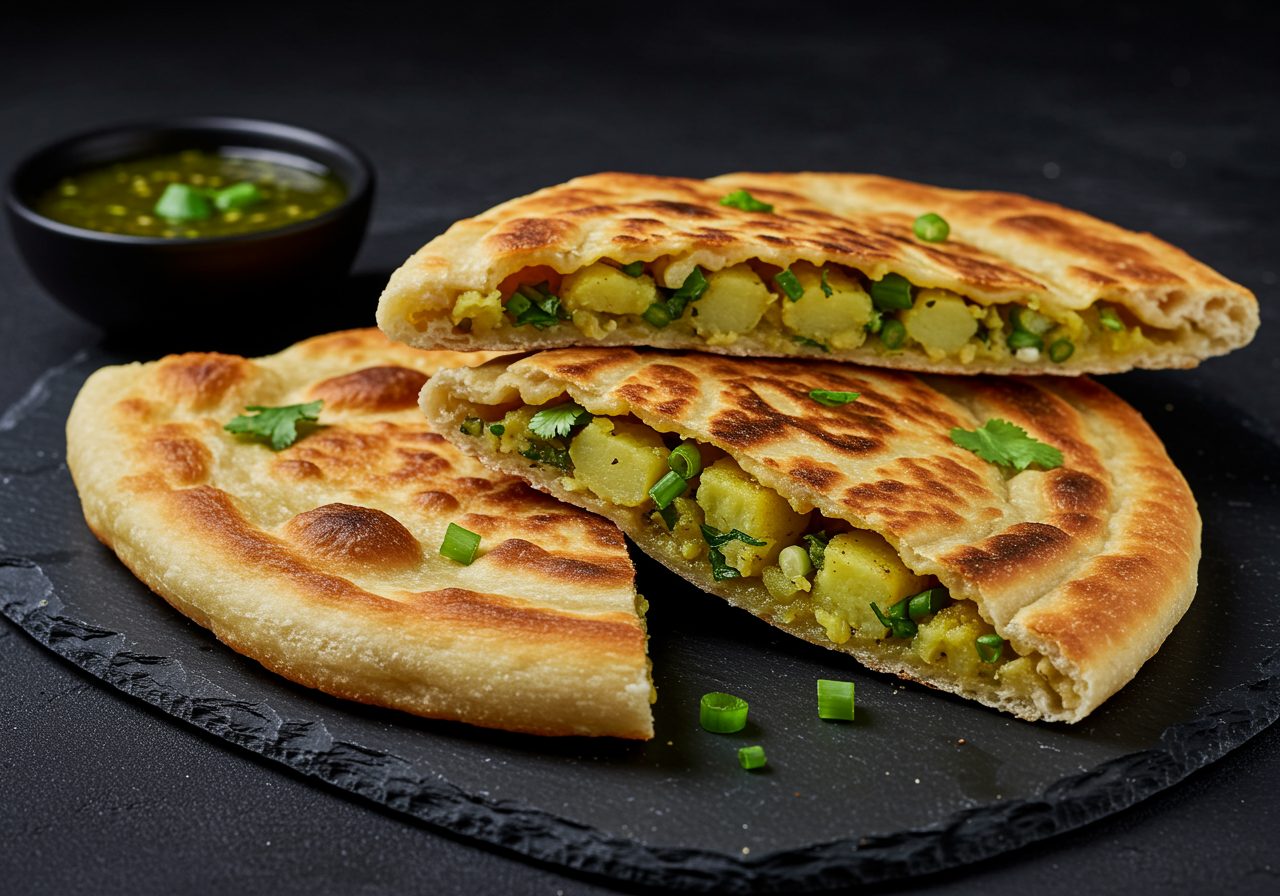 Golden bolani wedges cut open, potato and herb filling, with a bowl of green chilli sauce