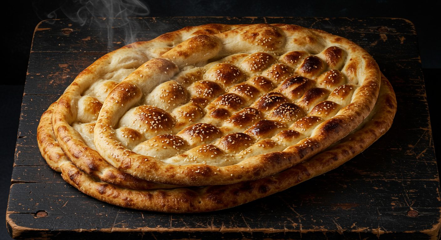 Two fresh Afghani breads straight from the tandoor, blistered and topped with sesame